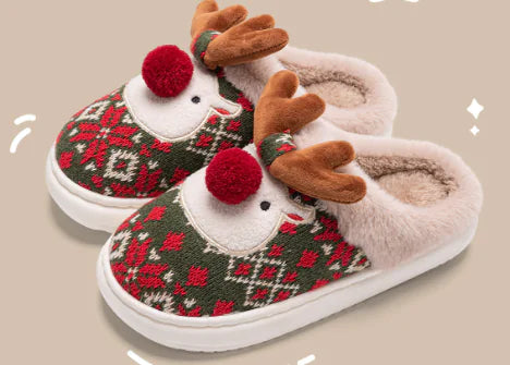 2025 Pantuflas de algodón con diseño de reno de dibujos animados (un par)