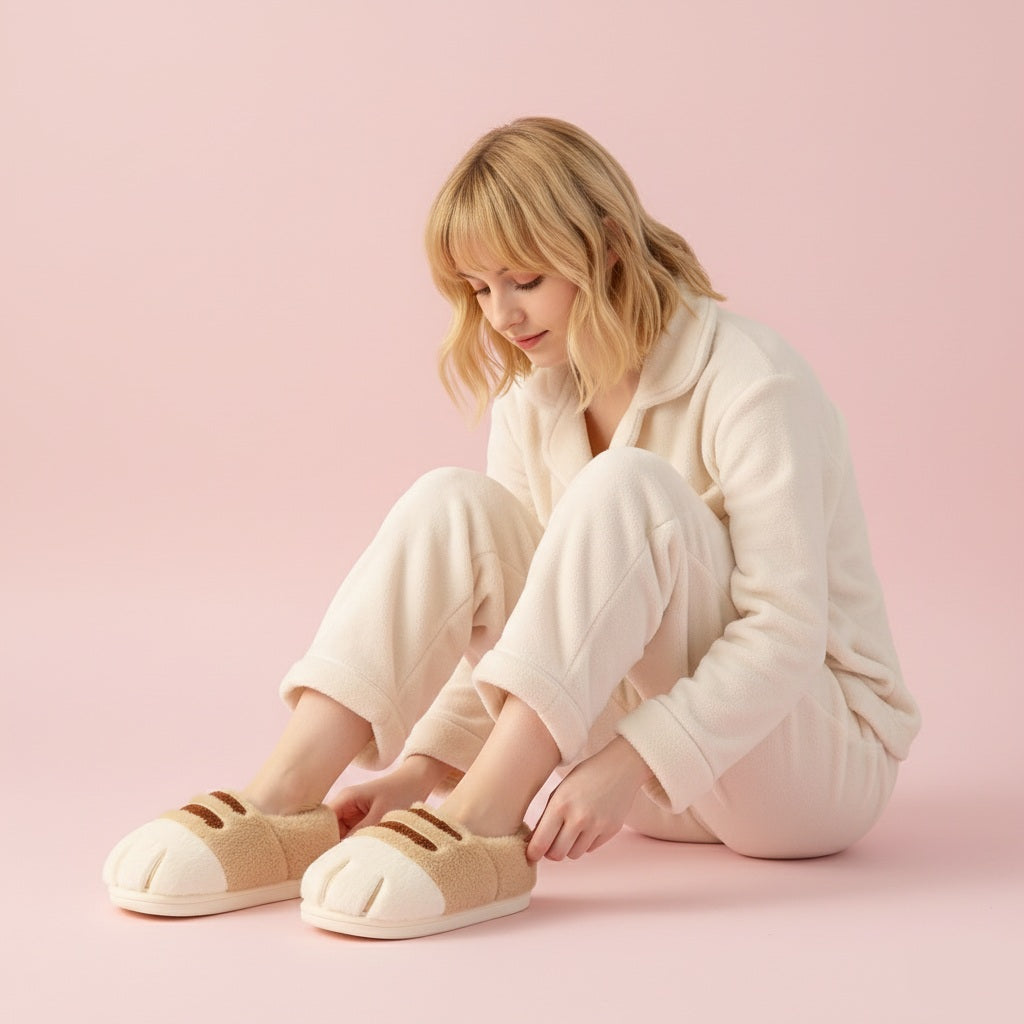 Pantuflas de felpa con forma de pata de gato  —  (par).